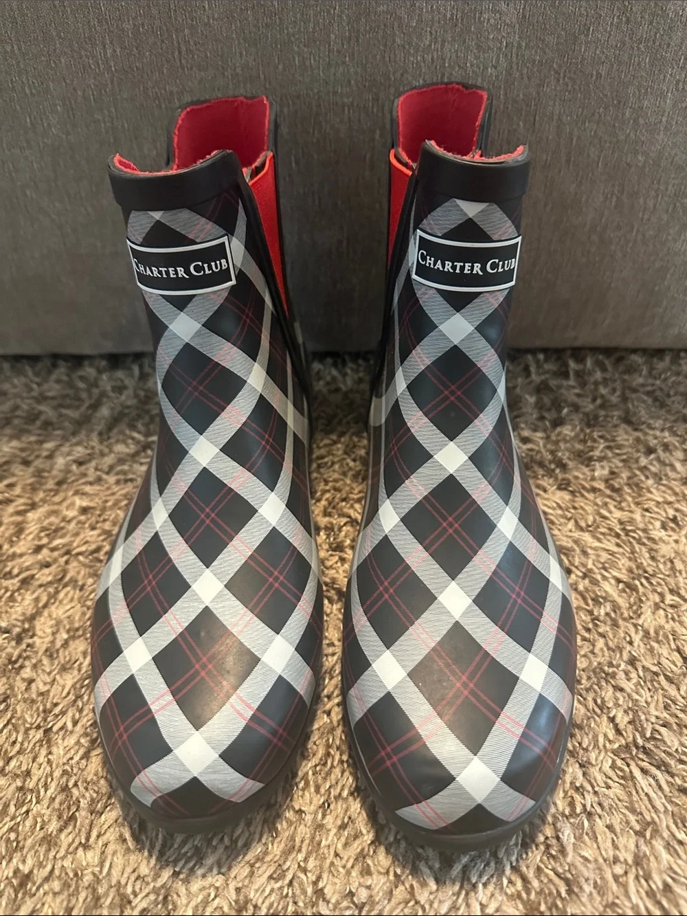 Charter Club Black Plaid Ankle Rain Boot with Red Trim x